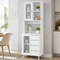 HOMCOM Alacena de Cocina Aparador con 2 Puertas de Vidrio Compartimentos 4 Cajones y Estantes Ajustables 60x35x180 cm Blanco(m-8)