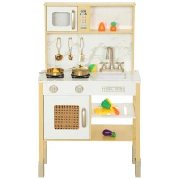 AIYAPLAY Cozinha de Brincar em Madeira com Som Acessórios em Aço Inoxidável Micro-Ondas Forno Lava-Loiças Legumes para Cortar 55x24x96 cm Dourado(m-11)
