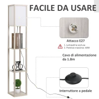 HOMCOM Lampada da Terra Piantana 40W con 3 Scaffale, Attacco E27, Lampada da Pavimento Moderno con Paralume in Acrilico, Soggiorno, Salotto, Camera da Letto, Studio, Ufficio, 26x26x160cm, Rovere(m-6)