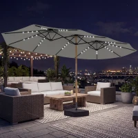 Outsunny Sombrilla Doble de Jardín 4,6x2,6 m con 48 Luces LED Base Incluida Manivela Sacos de Arena Anti-UV Gris Claro(m-10)