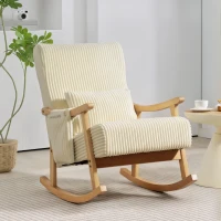 HOMCOM Silla Mecedora de Pana con Cojín Lumbar Patas y Reposabrazos de Madera de Caucho Bolsillo Estilo Moderno Beige(m-2)