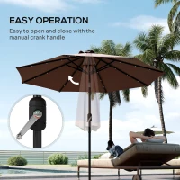 Outsunny Φ2.7m Garden 24 LED Light Parasol Solar Outdoor Tilt Sun Umbrella Patio Club Party Event Manual Sun Shade w/ Hand Crank and 8 Ribs, Brown(m-7)