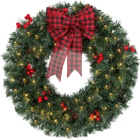 HOMCOM Couronne de Noël Ø60 cm avec Lumières LED 8 Modes, Nœud, 140 Branches, Pommes de Pin et Baies, Couronne de Noël, Vert(m-7)