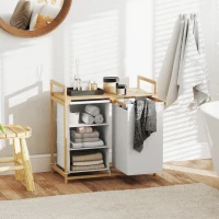 HOMCOM Cesto Portabiancheria con 2 Borse Estraibili, Maniglie e Ripiano in Bambù, 70x36x70 cm, Bianco(m-10)