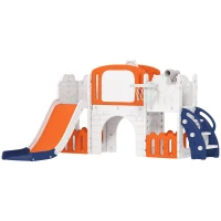 AIYAPLAY 7 in 1 Toddler Slide Set with Basketball Hoop, Climbing Frame, Telescope, Drawing Board, Storage Box, Orange(m-1)