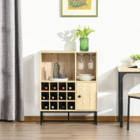 HOMCOM Meuble de rangement style industriel casier à bouteilles support verres à vin niche placard motif chevron métal noir panneaux aspect chêne clair(m-10)