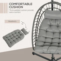 Outsunny Outdoor PE Rattan Swing Chair with Foldable Basket and Cushion, Garden Patio Hanging Egg Chair with Metal Stand, Headrest for Indoor and Outdoor, Light Grey(m-6)