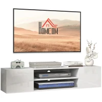 HOMCOM Meuble banc TV mural suspendu style contemporain 2 placards 2 niches centrales et 2 passe-câbles 140 x 30 x 30 cm blanc(m-11)