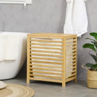 HOMCOM Cesto Portabiancheria a Doghe in Bambù e Poliestere con Coperchio e Sacca Rimovibile, 50x36x60 cm(m-10)