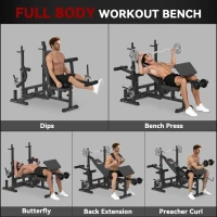 HOMCOM Weight Bench, 6 in 1 Adjustable Bench Press with Leg Extension, Barbell Rack, Preacher Curl Pad, Resistance Band, Multi-Function Home Gym Equipment for Strength Training Weightlifting(m-4)