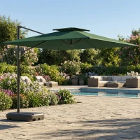 Outsunny Cantilever Parasol with Weighted Base Double Top Garden Parasol Square Hanging Patio Umbrella with Crank Tilt Dark Green(m-9)