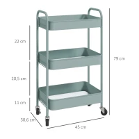 HOMCOM Carrello da Cucina a 3 Livelli con Maniglie e 4 Rotelle, in Acciaio, 45x30.6x79 cm, Azzurro(m-3)