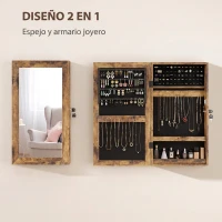 HOMCOM Espejo Joyero de Pared con Cerradura y Varios Compartimentos Montar en Pared o Puerta Marrón Rústico y Forro Negro(m-13)