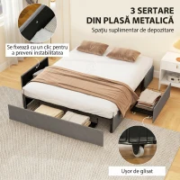 HOMCOM Cadru Pat Dublu cu Șipci și 3 Sertare, din Lemn, Poliester și Metal, 165x193x30 cm, Gri(m-6)