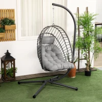 Outsunny Outdoor PE Rattan Swing Chair with Foldable Basket and Cushion, Garden Patio Hanging Egg Chair with Metal Stand, Headrest for Indoor and Outdoor, Light Grey(m-2)