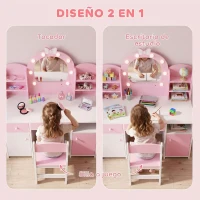 AIYAPLAY Tocador de Maquillaje Niña con Espejo de LED de 2 Colores Taburete 2 Armarios Cajón Estantes Compartimento Rosa(m-7)