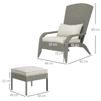 Outsunny Sedia da Giardino con Poggiapiedi e Cuscini Imbottiti, in Rattan e Acciaio, 64x82x89 cm, Grigio e Crema(m-3)