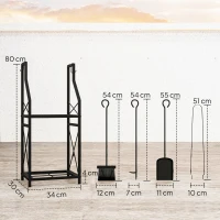 Outsunny Estante de Leña Metálico de Chimenea Soporte para Leña de 2 Niveles con 4 Herramientas Ganchos 34x30x80 cm Negro(m-3)