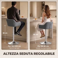 HOMCOM Set 2 Sgabelli Bar Girevoli in Velluto con Altezza Regolabile, Poggiapiedi, Schienale, Base in Metallo, Grigio(m-5)