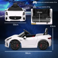 AIYAPLAY Carro Elétrico para Crianças Maserati Gran Turismo Folgore 12V Controlo Remoto Faróis Buzina e Música MP3 98x59x43 cm Branco(m-3)