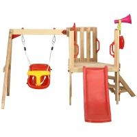 Outsunny Set con Scivolo e Altalena da Giardino per Bambini Età 18-48 Mesi, in Legno e Plastica, Rosso(m-11)