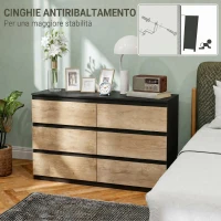 HOMCOM Cassettiera 6 Cassetti per Camera da Letto in Legno, 120x39x75 cm, Nero e Rovere(m-6)