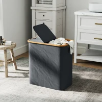 HOMCOM Panier à linge double pliable 80 L corbeille à linge sale avec couvercle, poignées rainurées, gris(m-10)