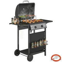 Outsunny Gasgrill 5 KW 2 Brenner BBQ Grillwagen Edelstahl inkl Seitentisch Unterkorb Frontabdeckung Thermometer Emaille-Grillrost(m-12)