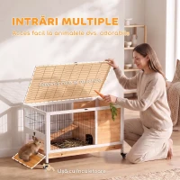 PawHut Cușcă pentru Iepuri din Lemn cu 4 Roți, Căsuță pentru Iepuri și Rampă, 90x53x59cm, Galben(m-5)