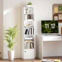 HOMCOM Librería de 7 Niveles Estantería para Libros Moderna con Estantes Abiertos y Puerta 40x30x180 cm Blanco(m-10)