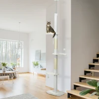 PawHut Deckenhoher Kratzbaum, variable Höhe 2,25-2,55 m, Sitzplattformen, Kippschutz, Spielbälle, weiß(m-2)