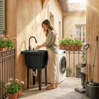 Outsunny Tragbares Camping-Waschbecken mit Seifenspender, Wasserhahn, Einlass- und Ablaufschläuchen, Schwarz(m-10)