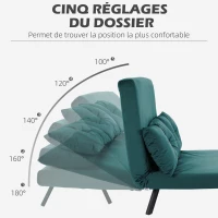 HOMCOM Canapé convertible 2 places avec dossier réglable à 5 niveaux et 2 coussins rembourrés, revêtement velours, vert canard(m-5)