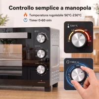 HOMCOM Forno Elettrico 1500W 36L con Temperatura Regolabile Max 230°, Timer 60 min, Griglia, Teglia, Manico per Teglia(m-7)