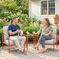 Outsunny Salon de Jardin 3 Pièces, 2 Fauteuils, 1 Table Basse, Coussins Épais, Plateau en Verre Trempé, 63x77x76cm, Rouge Vineux(m-9)
