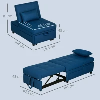 HOMCOM 3-in-1 Klappsessel mit Seitentasche, Gästebett mit Kissen, Verstellbarer Rückenlehne, Bettsessel mit Rollen, Blau(m-3)