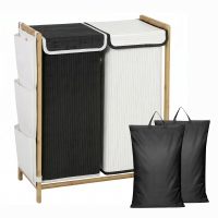 HOMCOM Cesto de Ropa Sucia con Tapa 120L de Bambú con 2 Compartimentos Bolsas con Cordón Bolsillos Laterales Blanco y Negro