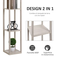 HOMCOM Lampada da Terra Piantana 40W con 3 Scaffale, Attacco E27, Lampada da Pavimento Moderno con Paralume in Acrilico, Soggiorno, Salotto, Camera da Letto, Studio, Ufficio, 26x26x160cm, Rovere(m-5)