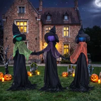 HOMCOM 120cm Witches Holding Hands Halloween Decorations Outdoor Indoor, Scary Halloween Witch Decor with Light-Up Heads(m-13)