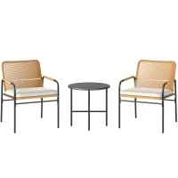 Outsunny Conjunto de Muebles de Jardín de Ratán Sintético con 2 Sillas con Cojines Extraíbles y Mesa con Tablero de Metal Natural(m-1)