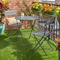 Outsunny Folding Garden Bistro Set, Outdoor Round Bistro Table and Chairs Set 2 with Electrophoresis Metal Frame, Grey(m-10)