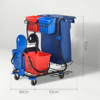 HOMCOM Cărucior de Curățenie cu Sac pentru Gunoi, 4 Găleți și Storcător pentru Mop, 93x80x97 cm, Roșu, Albastru și Negru(m-3)