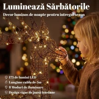 Outsunny Renă luminoasă de Crăciun cu sanie, 175 LED-uri alb cald, 8 moduri de iluminare, timer, IP44, maro(m-5)
