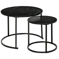 HOMCOM Lot de 2 Tables Basses Rondes gigogne empilables Plateau en bois aspect marbre et Pieds en métal Noir(m-1)
