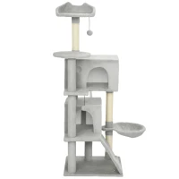 PawHut Albero Tiragraffi per Gatti Alto 140 cm con 2 Casette, Amaca, Lettino e Pali in Sisal, Grigio(m-11)