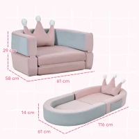 AIYAPLAY Sofá Infantil Convertible en Cama y Zona de Juego con Cojín de Corona 116x61x14 cm Rosa y Azul Grisáceo(m-3)