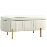 HOMCOM Banc de rangement, bout de lit en velours avec couvercle, pieds en métal, capacité 72 L, 108x44x43,5cm, crème(m-12)