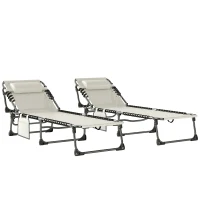 Outsunny Set de 2 Tumbonas Plegables con Reposacabezas Bolsillo Lateral y Respaldo Reclinable en 5 Posiciones Blanco Crema(m-1)