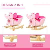 HOMCOM Animale a Dondolo a forma di Elefante con Rotelle e Cintura, in Peluche, Legno e Acciaio, 60x35x45 cm, Rosa(m-4)
