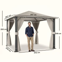 Outsunny Gazebo da Giardino 3x3m in Alluminio e Acciaio con Prese d'Aria, Zanzariera e Tende, Cachi(m-3)